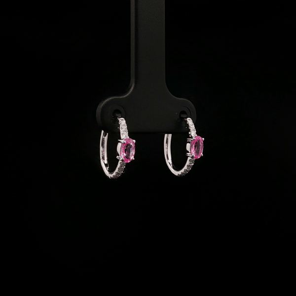 Oval Pink Sapphire Round Diamond Hoop Earrings