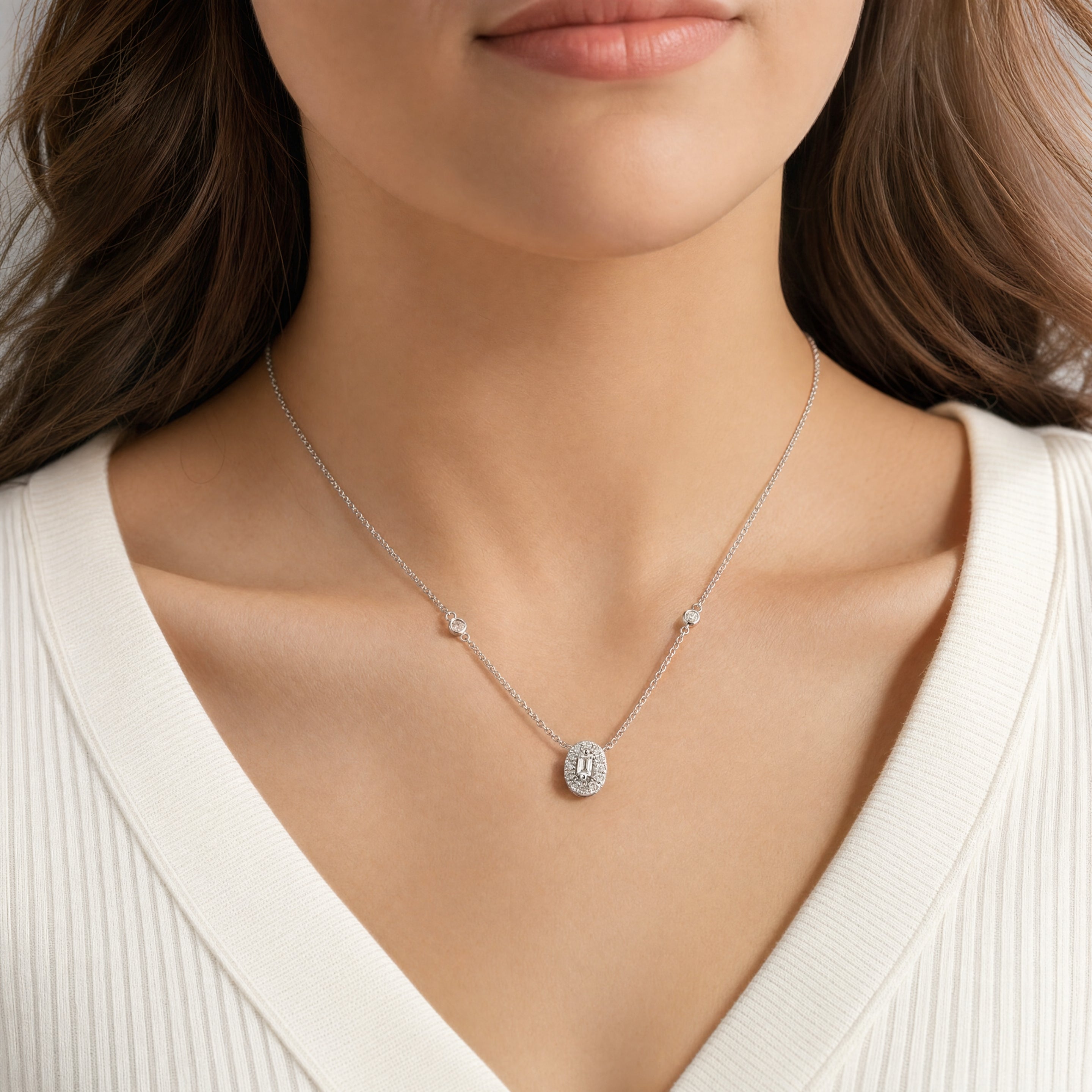 Oval-Cut Baguette Diamond Halo Pendant