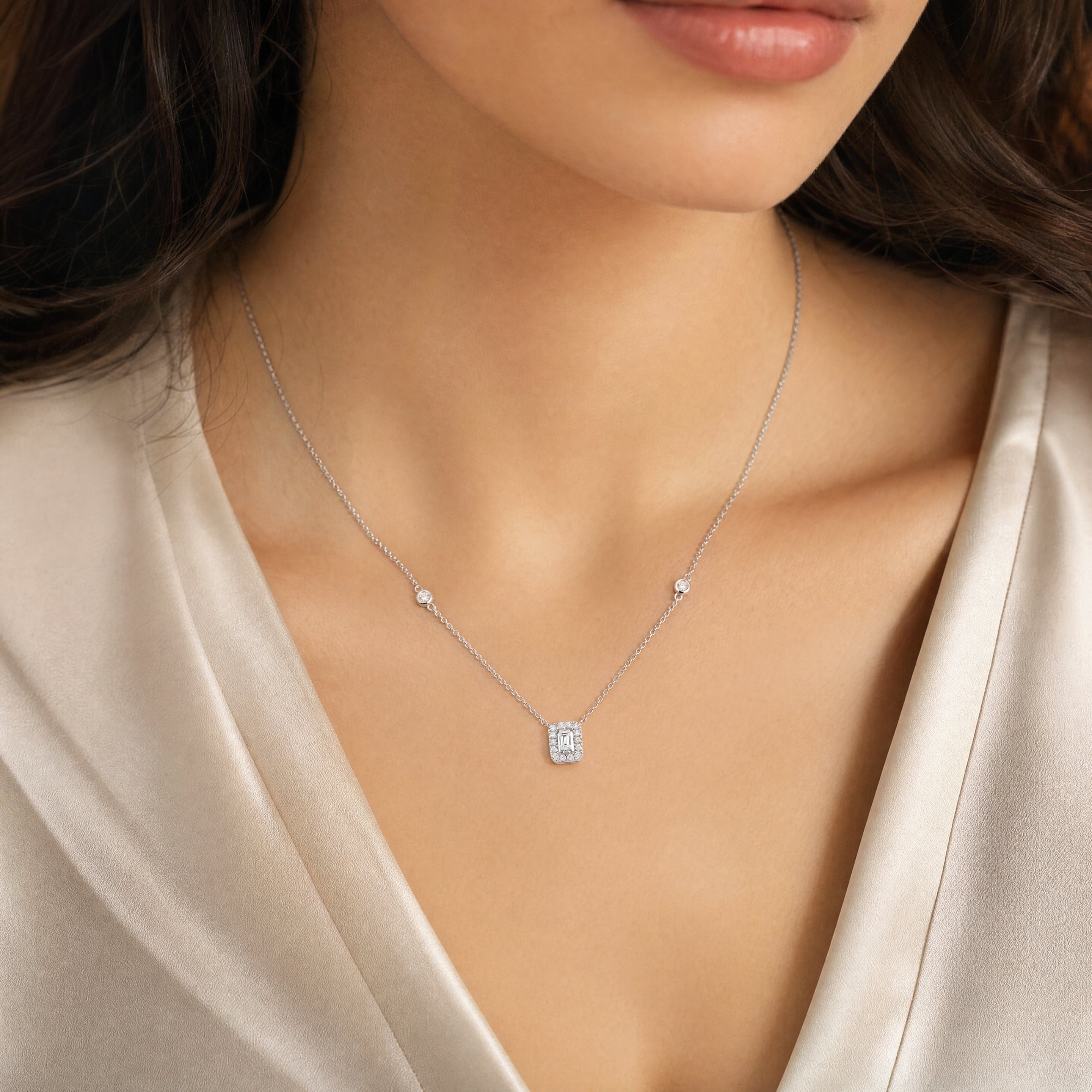 Emerald-Cut Diamond Halo Pendant Pendant & Earrings