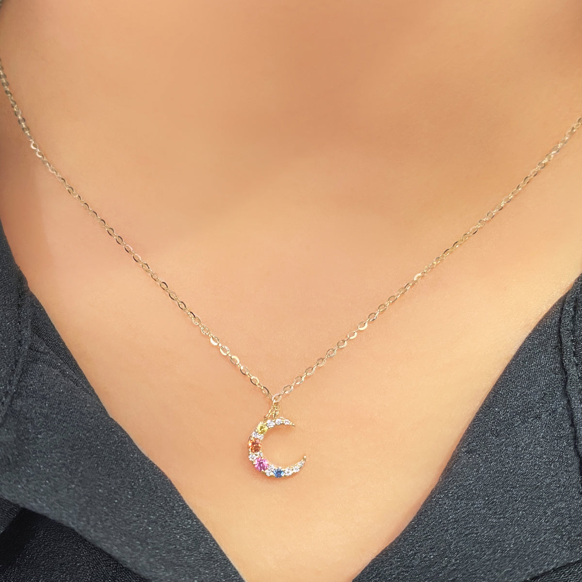 Rainbow Sapphire Moon Diamond Pendant