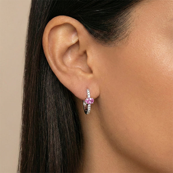 Oval Pink Sapphire Round Diamond Hoop Earrings