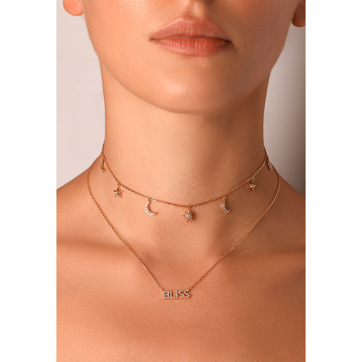 Dangling Moon & Stars Round Diamond Choker