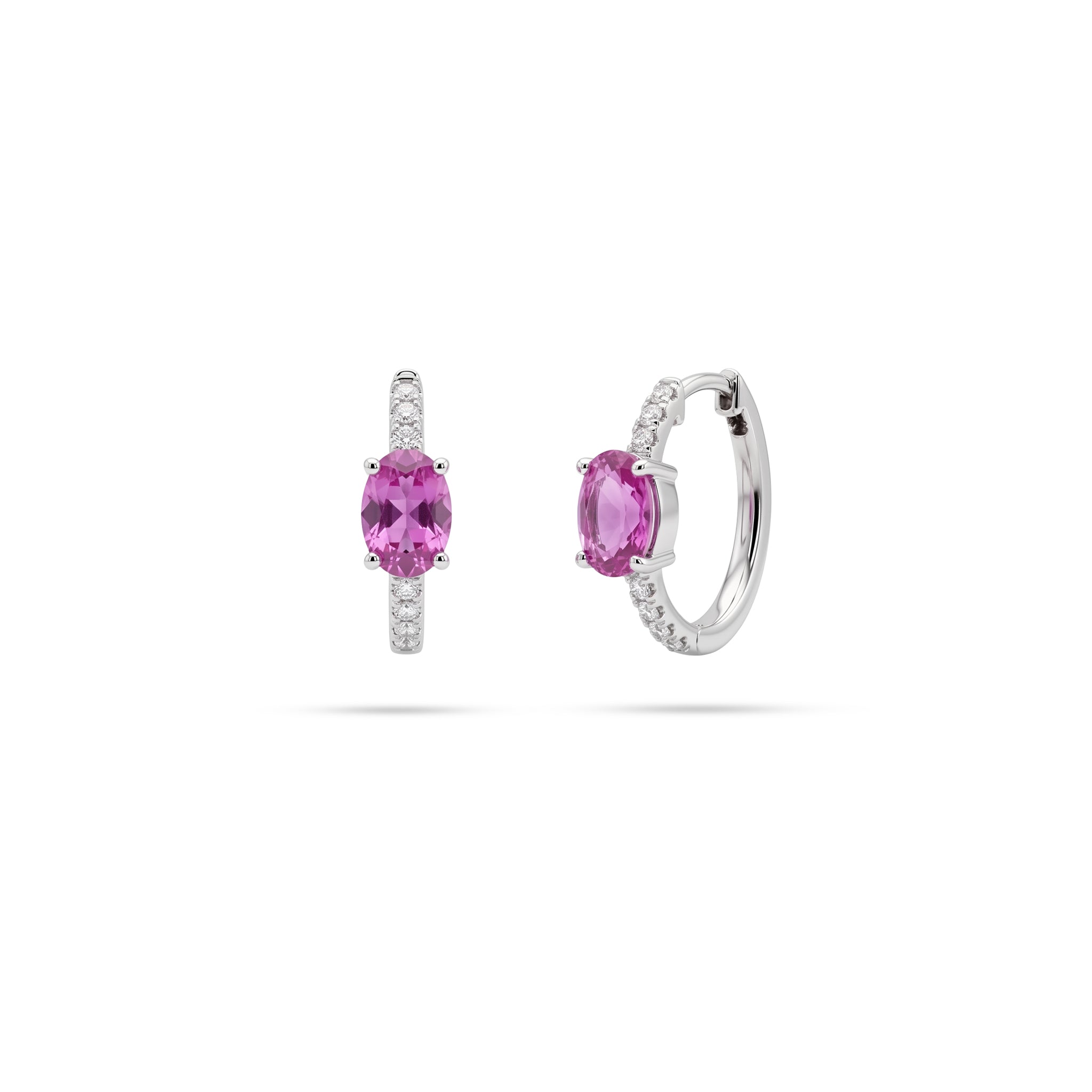 Oval Pink Sapphire Round Diamond Hoop Earrings