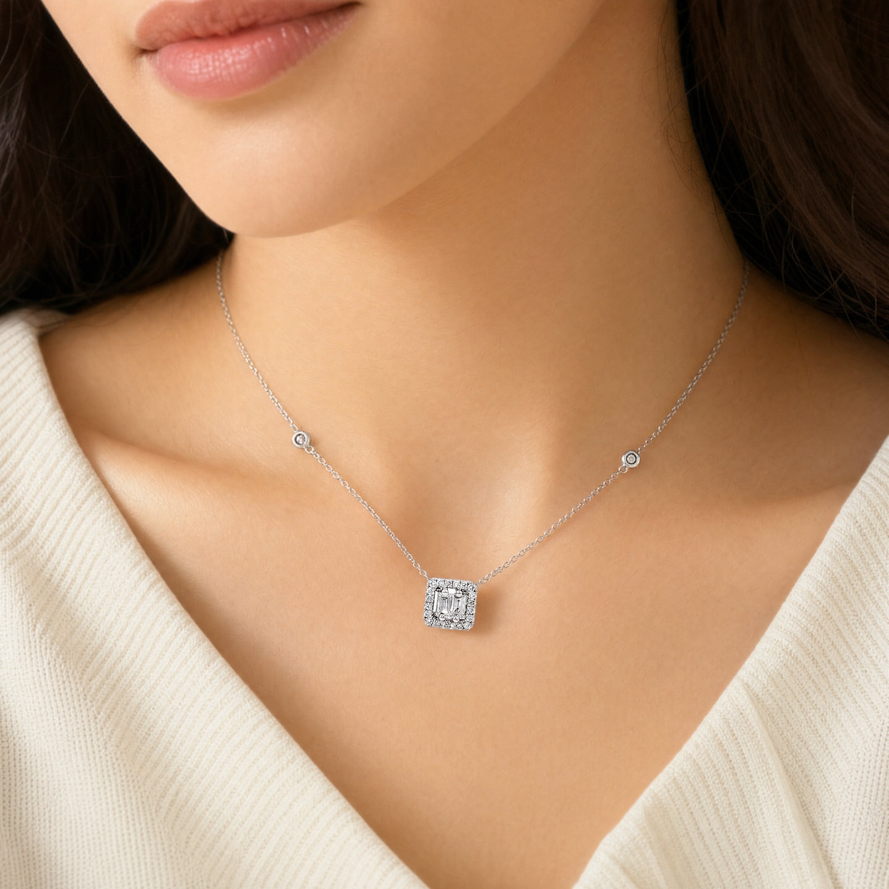 Square-Cut Diamond Halo Pendant Pendant & Earrings