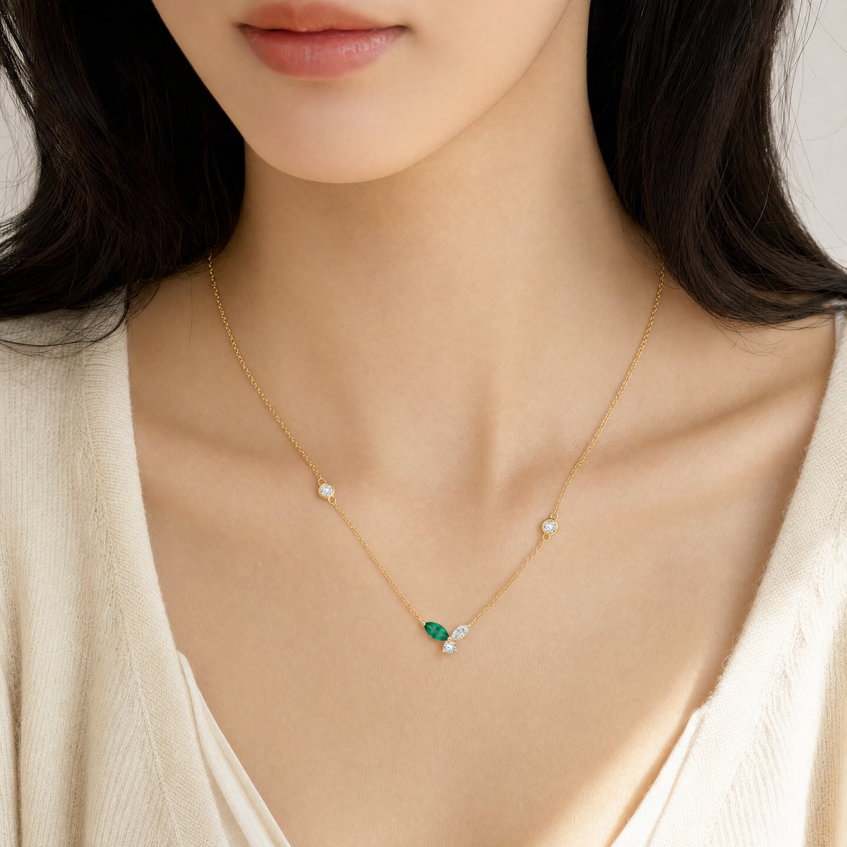 Leaf Emerald Marquise Diamond Pendant