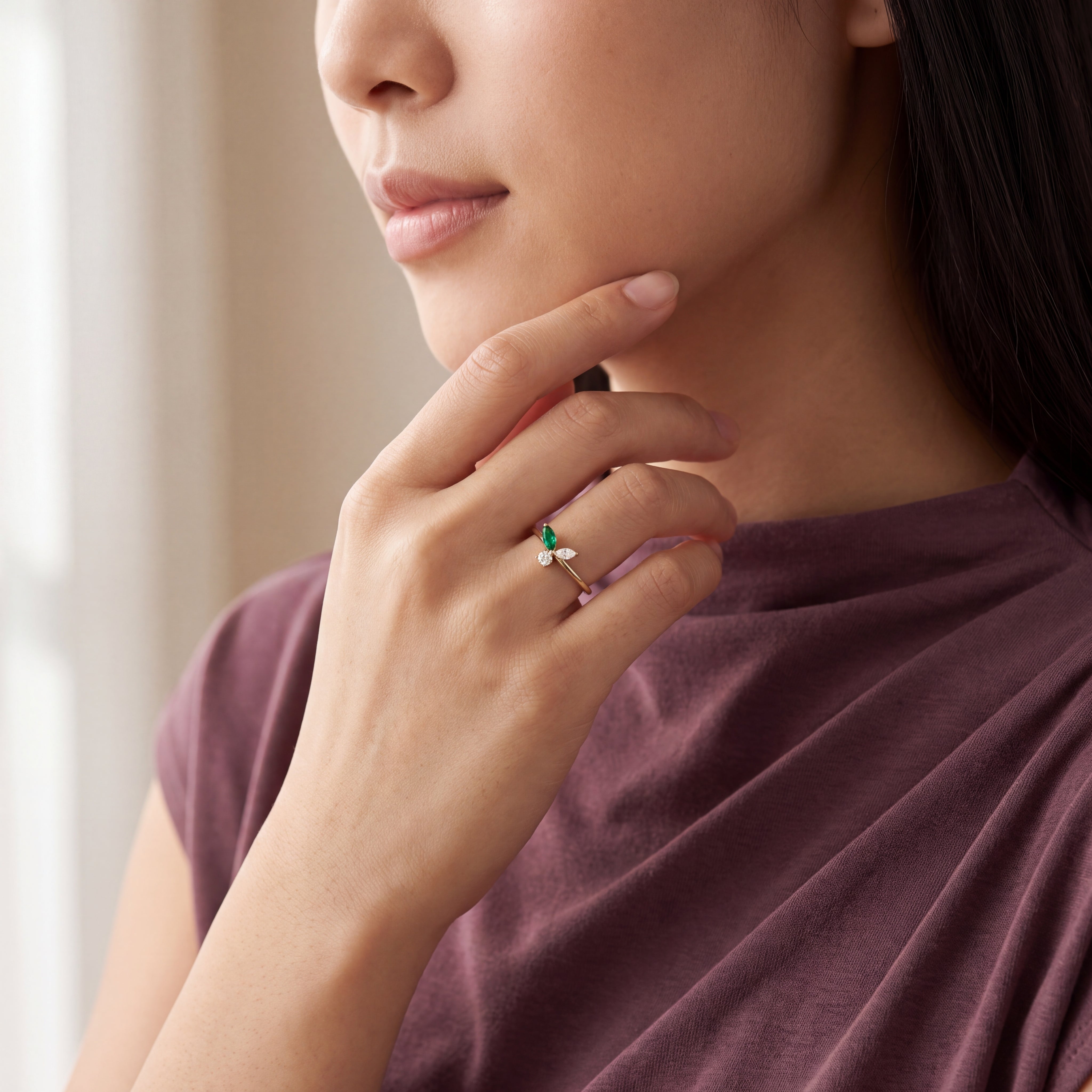 Leaf  Emerald Marquise Diamond Ring