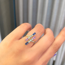 Rainbow Baguette Sapphire Round Diamond Ring