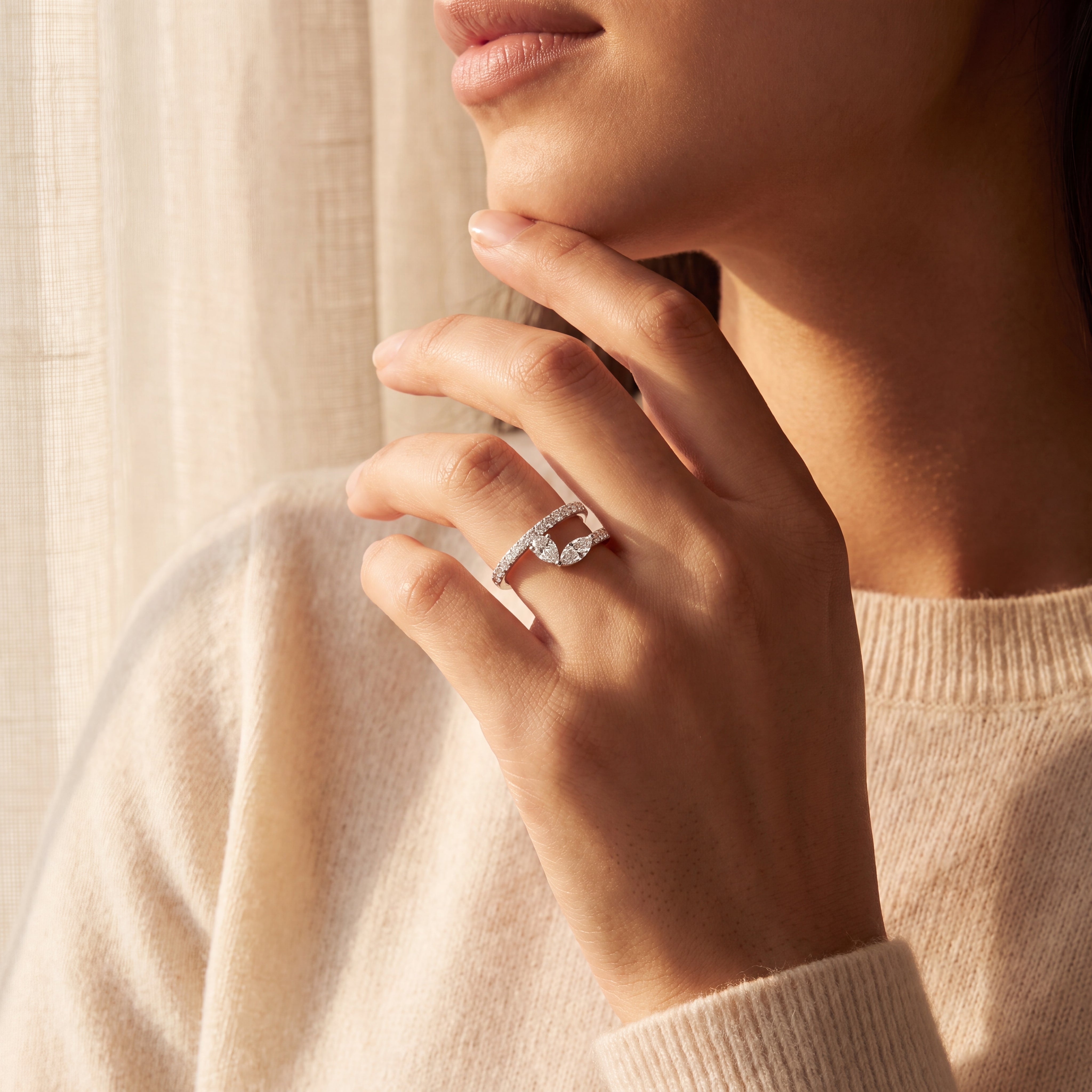 Double Line Pear Marquise Diamond Ring