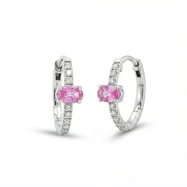 Oval Pink Sapphire Round Diamond Hoop Earrings