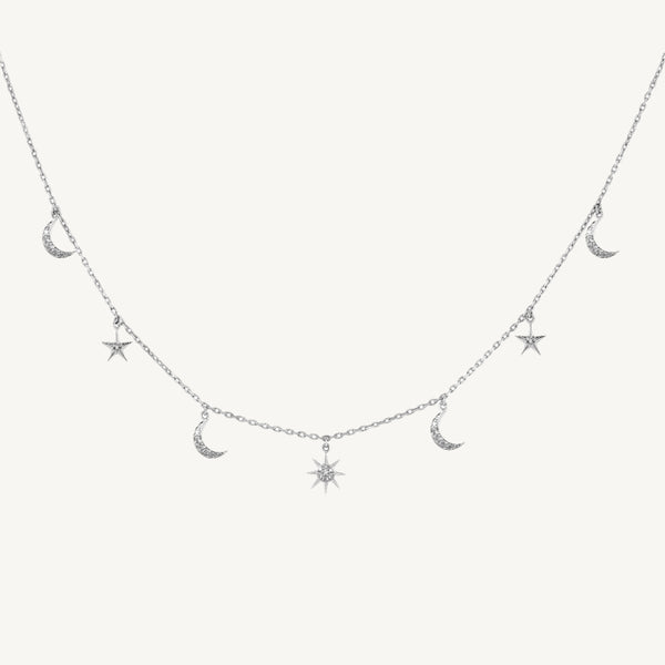 Dangling Moon & Stars Round Diamond Choker