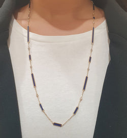 14k Gold Station Dark Blue Stone Diamond Necklace