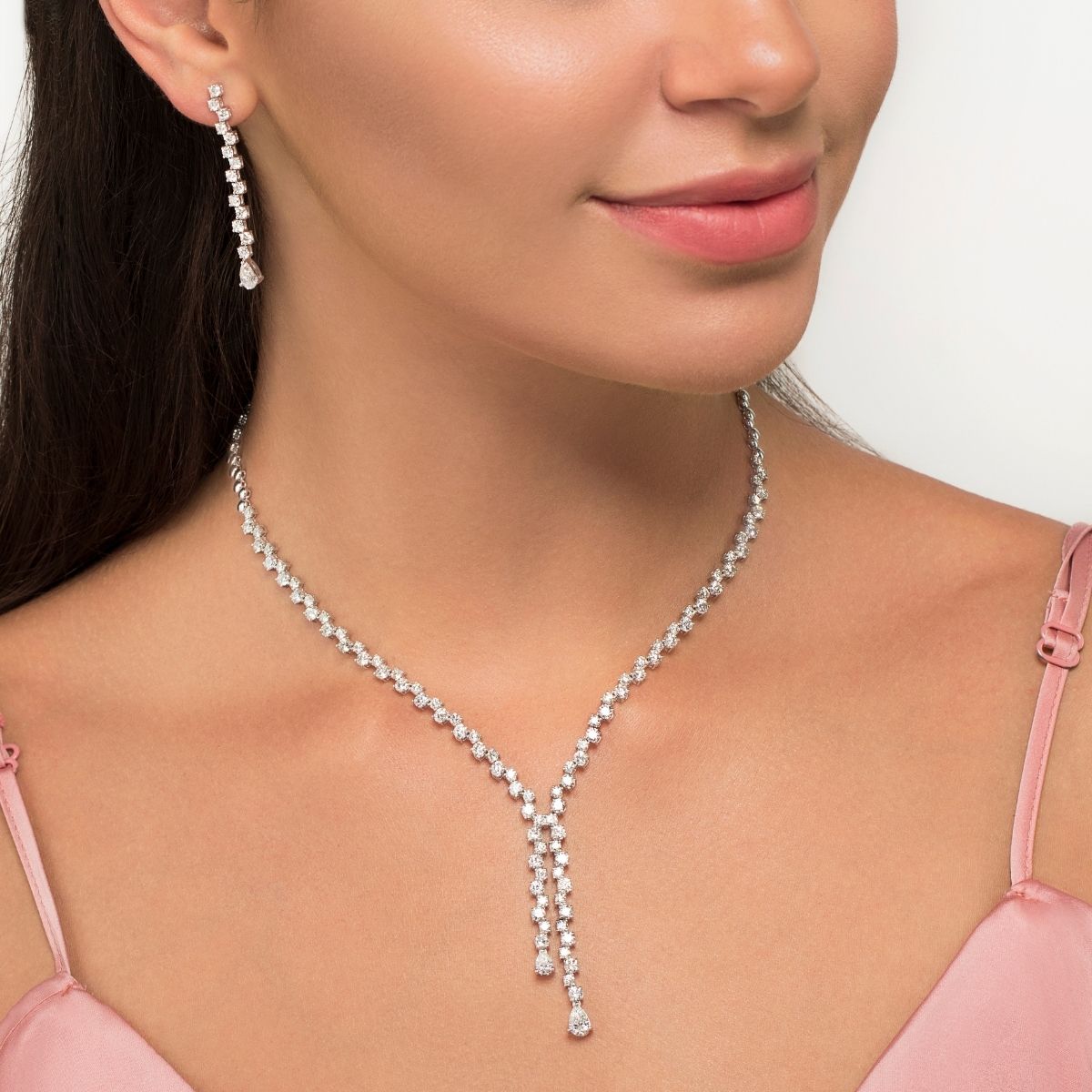 Tennis Drop Necklace Set - Necklace and Earrings