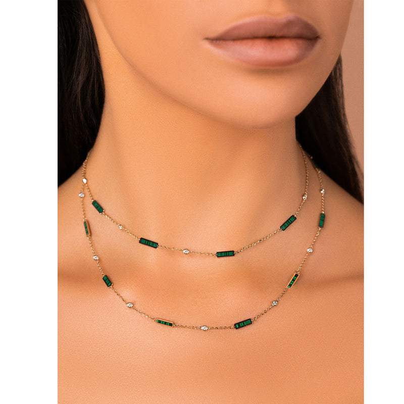 14k Gold Malachite Stone Station Bar Diamond Necklace