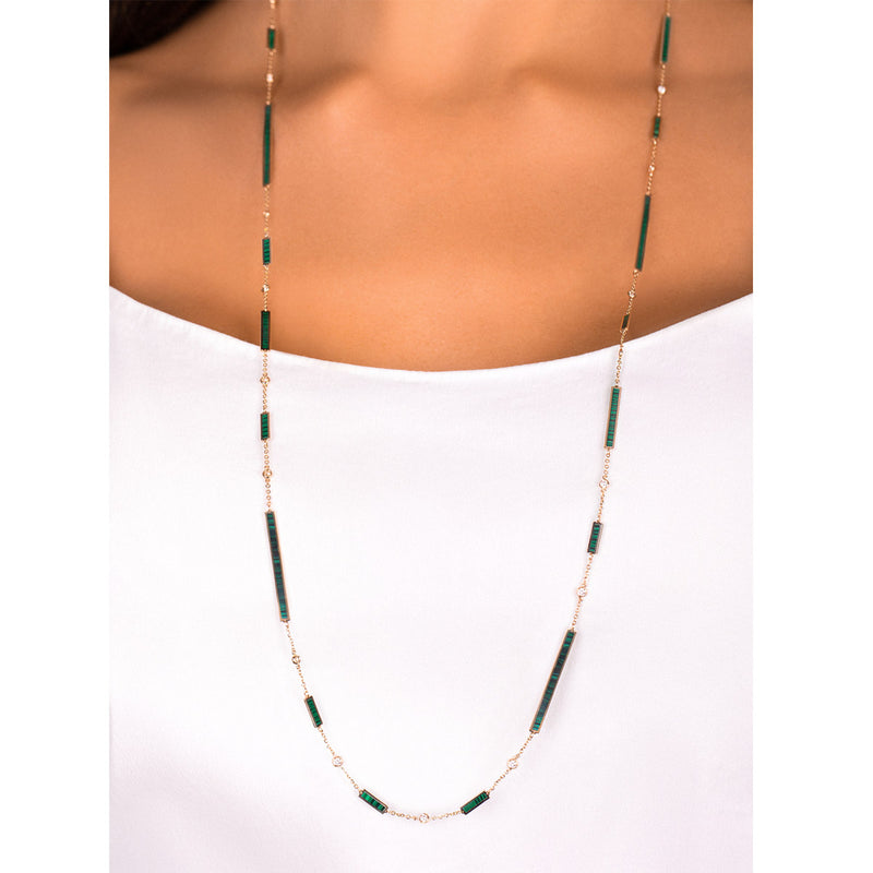 14k Gold Malachite Stone Station Bar Diamond Necklace