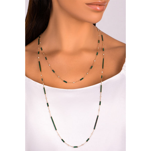 14k Gold Malachite Stone Station Bar Diamond Necklace
